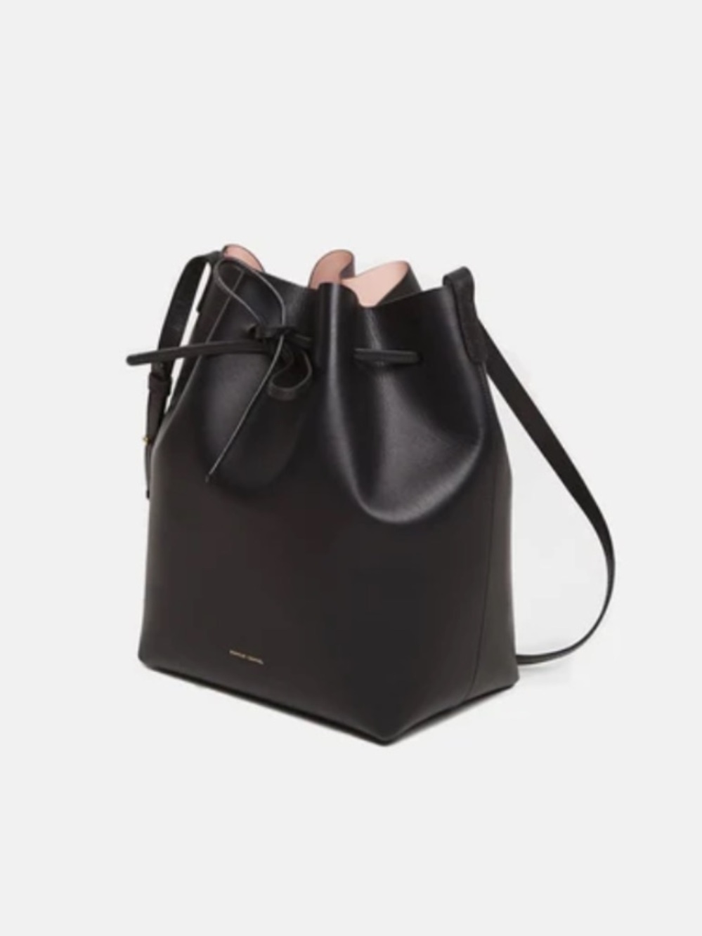 Mansur Gavriel Black Leather Drawstring Bucket Bag with Blush Pink Lining
